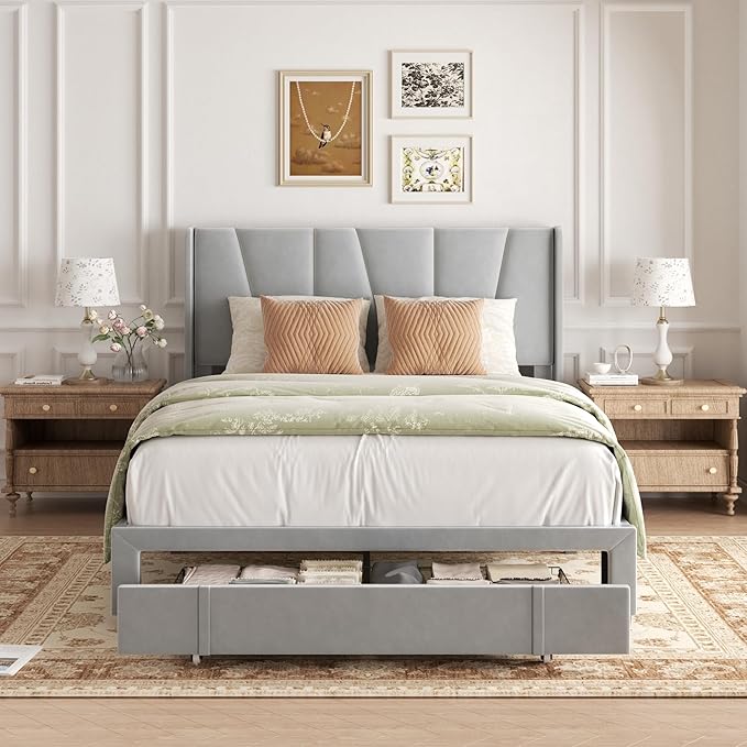 Queen Bed Frame with Storage Drawers, Upholstered Platform Bed with Headboard - Image 3