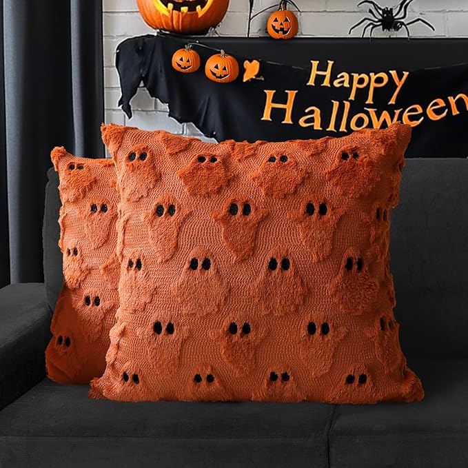 4TH Emotion Halloween Ghost Decorative Pillow Covers 20x20 Set of 2, Rust Red by 4THEmotion