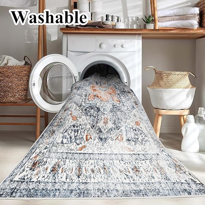 Area Rug 6x9 Washable Rug Gray Vintage Traditional Floor Cover Thin Retro - Image 2