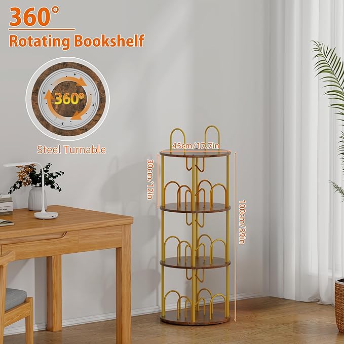 3 Tier Rotating Bookshelf, 360° Spinning Bookshelf Tower, Round Narrow Space - Image 2