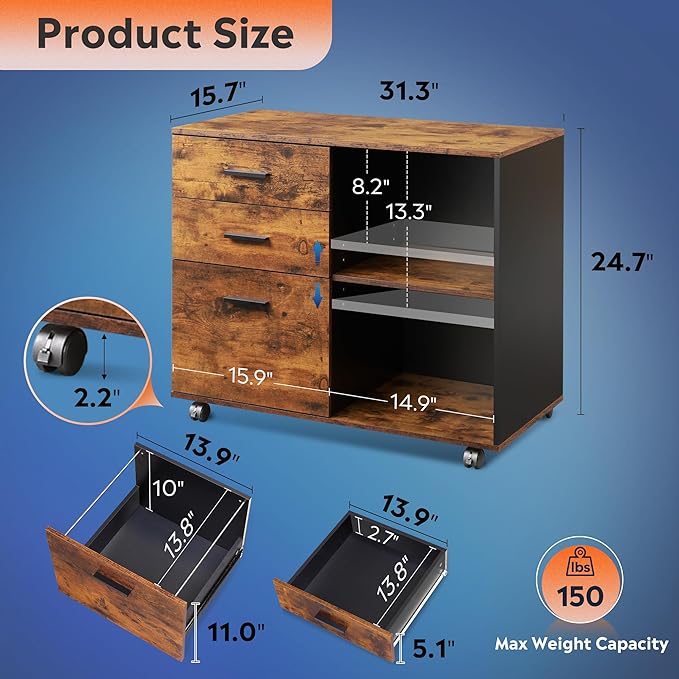 DEVAISE 3 Drawer Mobile File Cabinet, Wood Lateral Filing Cabinet, Printer Stand - Image 3