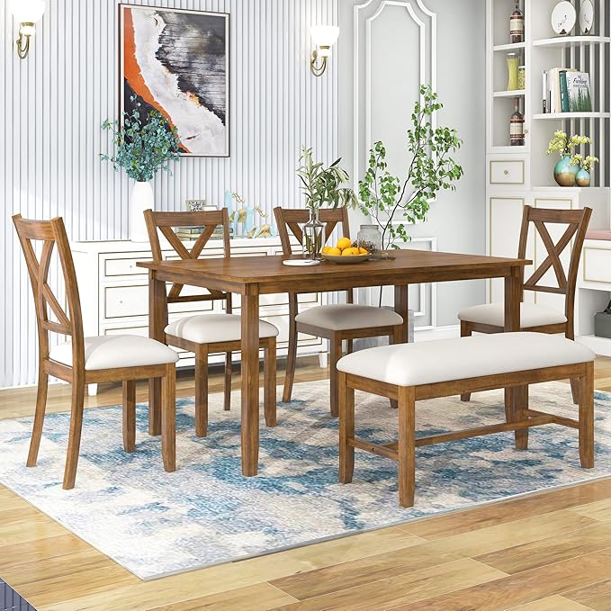 6 Pieces Dining Table Set with 60" Rectangle Kitchen Desk, Living Room by Unknown