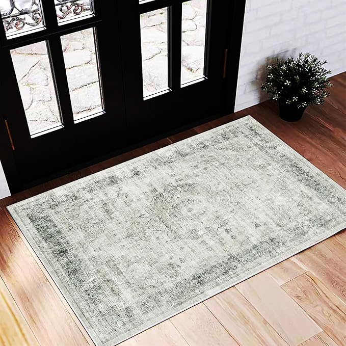Washable Area Rug 2'x3' Floral Green Door Mat Vintage Distressed Doormat Indoor by CHAMPLANT