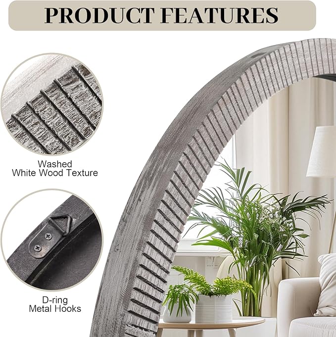 35" Round Wood Mirror, Large Wooden Round Mirror, Wood Round Mirrors - Image 4