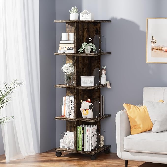 VECELO 4-Tier Rotating Bookshelf, Modern Swivel Bookcase - Image 8