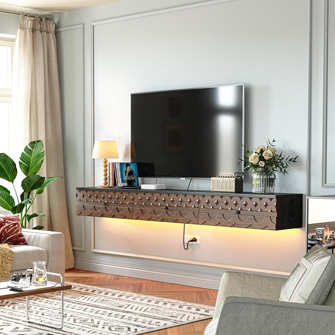 Fully-Assembled Floating TV Stand, Vintage Carved Floating Entertainment Center - Image 6