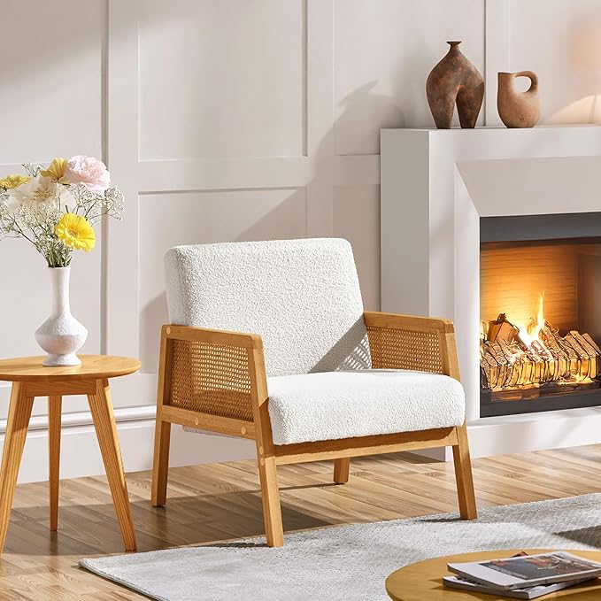 Yaheetech Boucle Fabric Accent Chair, Vintage Rattan Vanity Chair - Image 6