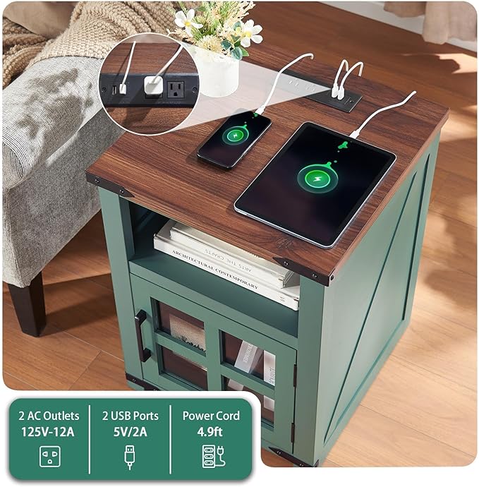 Farmhouse Nightstand with Charging Station, Rustic End Table with Tempered - Image 5