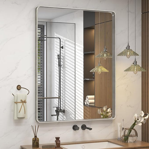 24x32 Inch Brushed Nickel Bathroom Mirror, Rounded Rectangle Silver Metal Frame by CHARMOR