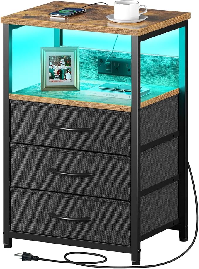 Seventable Nightstand with Charging Station and LED Light, Side Table with 3 by Seventable
