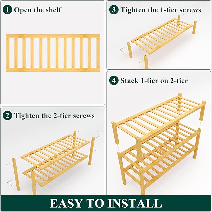 Smiry Shoe Rack, 3 Tier Thick Bamboo Shoe Organizer, Stackable Free Standing - Image 5