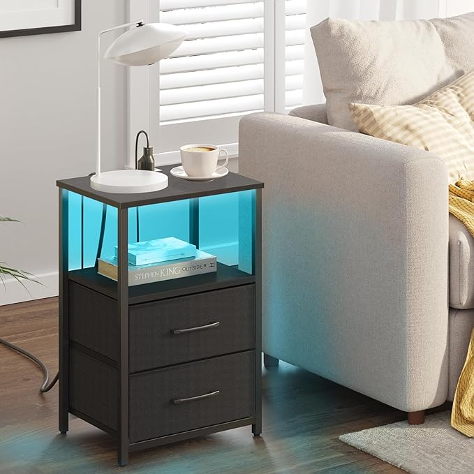 TUTOTAK LED End Table with Charging Station, Nightstand with Cloth Drawer - Image 5