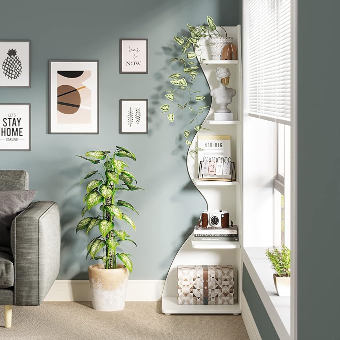 Tribesigns Corner Shelf, Modern 5-Tier Wall Corner Bookshelf Set of Two - Image 4