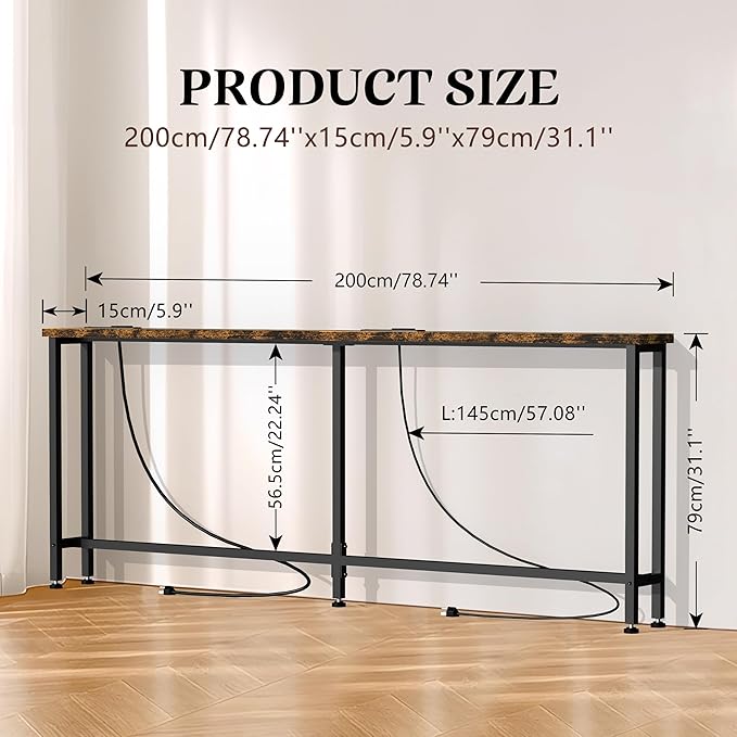 GRLEAF 78" Sofa Table with Built-in Power Strip – 4.9ft Power Cord, Metal Frame - Image 3