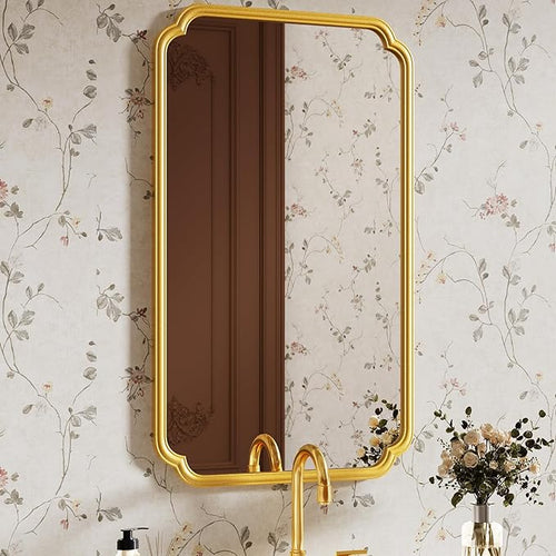 26"x40" Rustproof Bathroom Mirror Gold, Round Corner Metal Frame Wall Mirror by FerytangeHome