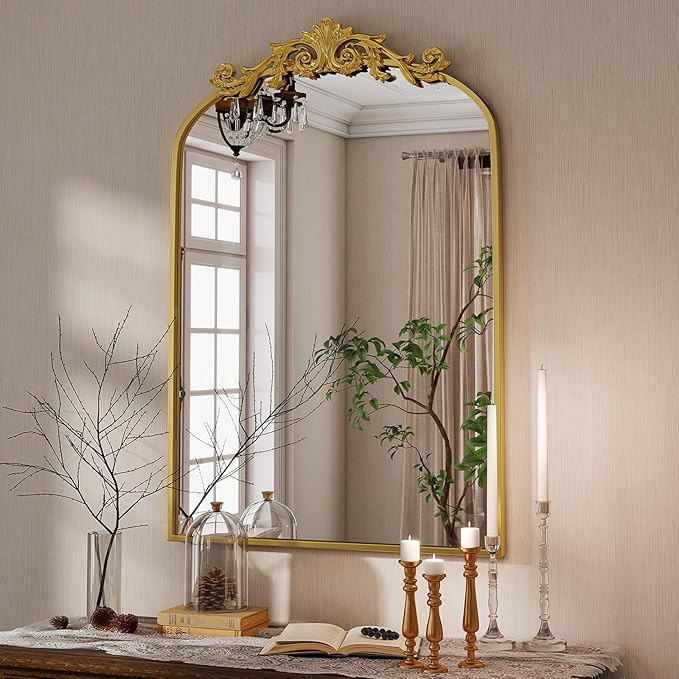 Vintage Arched Wall Mirror, 26x38 inch Retro Arch Bathroom Mirror, Carve - Image 2