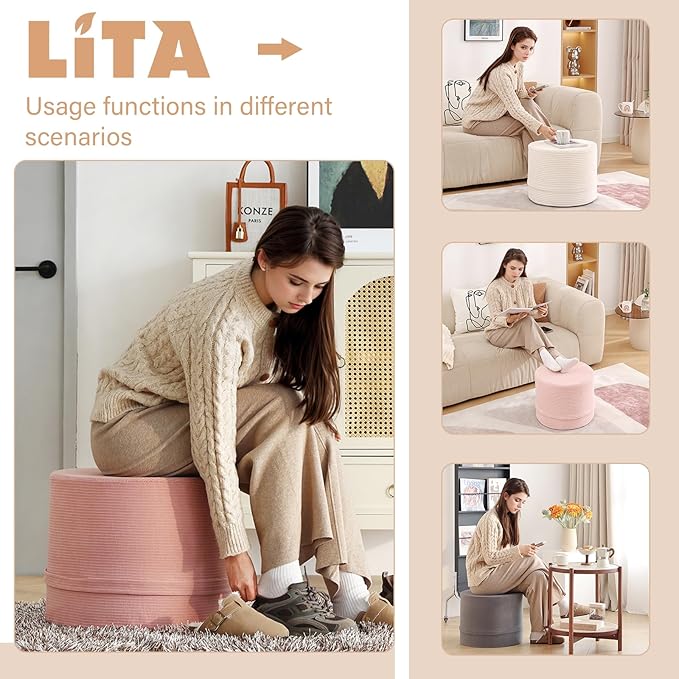LITA Round Stuffed Pouf Ottoman, Velvet Poufs - Image 5