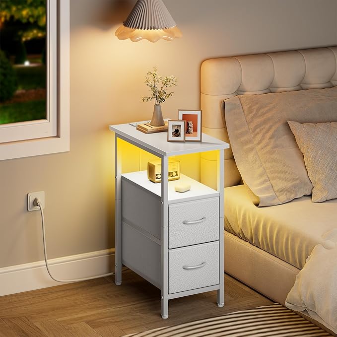 Vagusicc White Nightstand with Charging Station and LED Lights, Narrow Side - Image 7