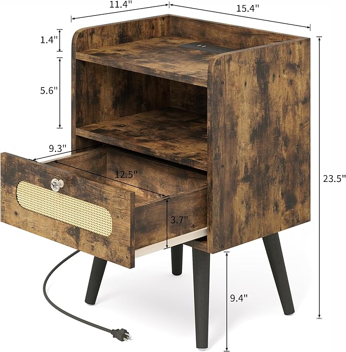 End Table with Diamond Handle, Nightstand/Bedside Table with Charging Station - Image 2