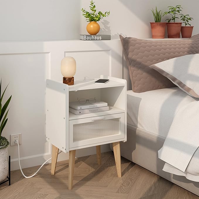 Nightstand with Charging Station, Bedside Tables with Glass Decorative Door - Image 5