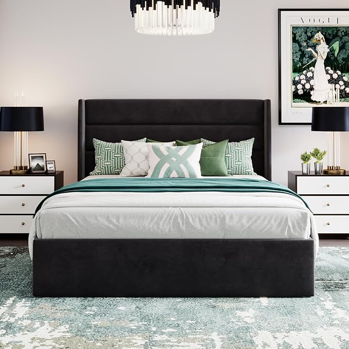 SHA CERLIN Full Size Lift Up Storage Bed/Velvet Upholstered/Modern Wingback - Image 7