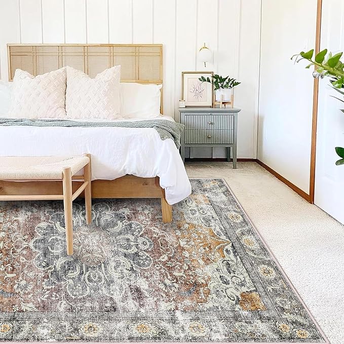 Area Rug 9x12 Washable Taupe Vintage Traditional Mat Distressed Indoor Foldable - Image 2