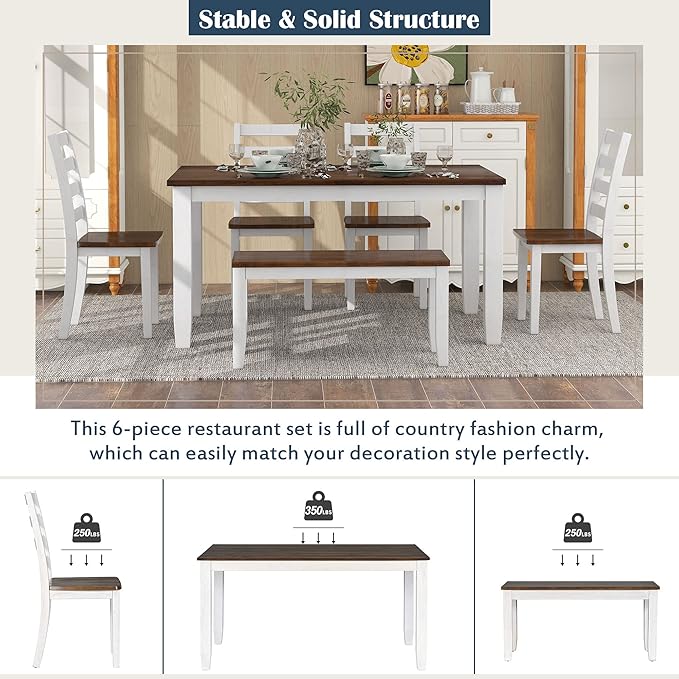 6 Pieces Dining Table Set with 1 Bench & 4 Ergonomic Designed Chairs, Wooden - Image 5