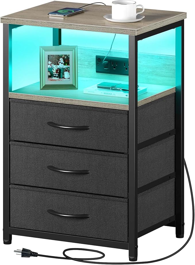 Seventable Nightstand with Charging Station and LED Light, Bedside End Table by Seventable