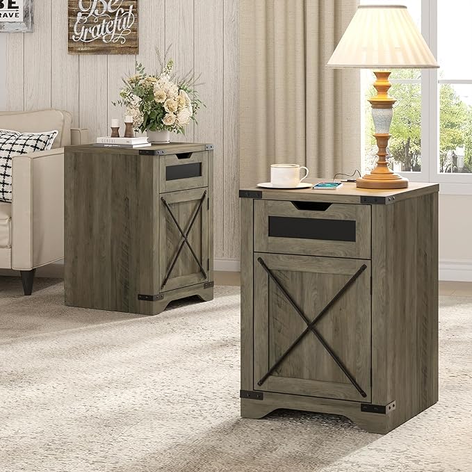 Farmhouse End Table with Charging Station, 26.4" Tall Rustic Nightstand with - Image 8