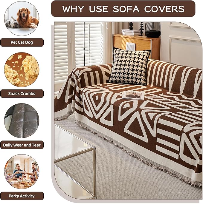 STACYPIK Boho Sofa Cover for Pet, Chocolate Geometric Couch Cover for Sectional - Image 5