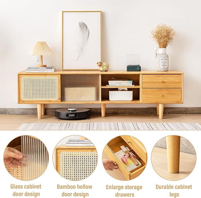 Tiita Rattan TV Stand for 55 60 Inch TV, Bamboo TV Cabinet - Image 4