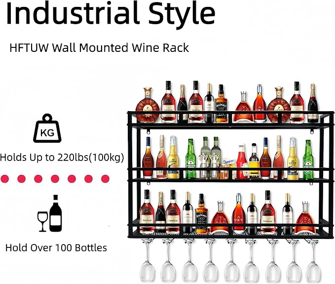 47 Inch Metal Wine Rack Wall Mounted, Bar Shelves - Image 4