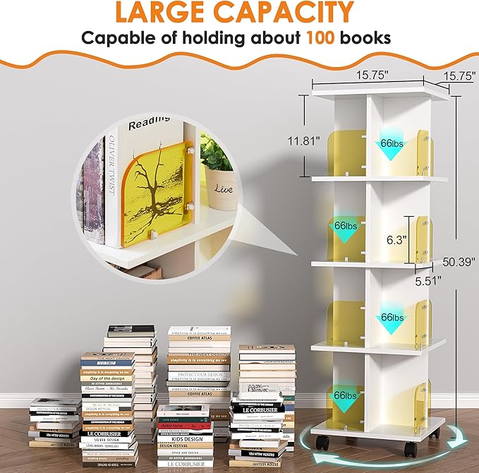 VECELO Rotating Bookshelf with Brake Wheels, 360°Display 4 Tier Floor Stackable - Image 3