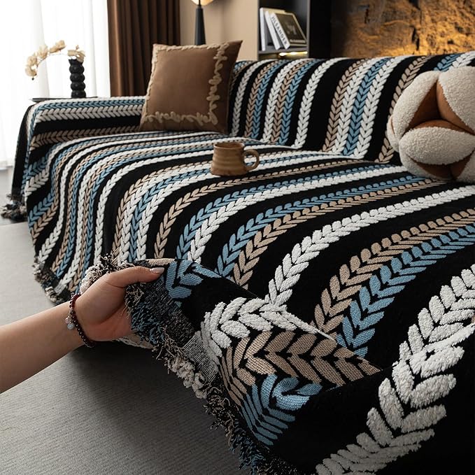 STACYPIK Boho Chenille Sofa Cover, Soft Jacquard Leaves Couch Cover, Non-Slip - Image 9