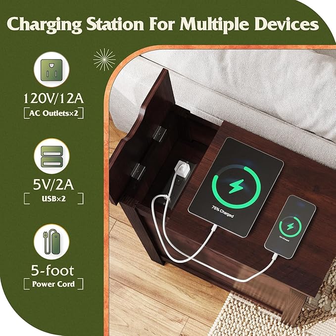 WLIVE End Table with Charging Station, Narrow Side Table - Image 9