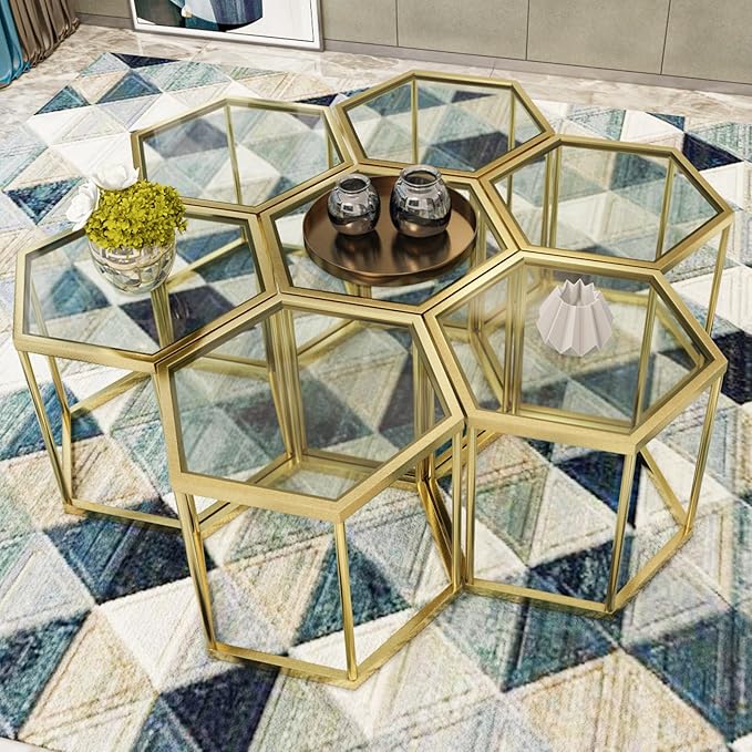 Gold Glass Coffee Table Modern Glass Center Table, Hexagon Free Combination - Image 7