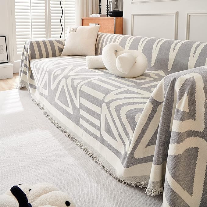 STACYPIK Boho Gray White Cream Sofa Cover Reversible Triangle Geometric Couch - Image 9