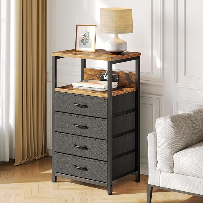 Seventable Night Stand with Charging Station, Tall Nightstand with 4 Fabric - Image 2