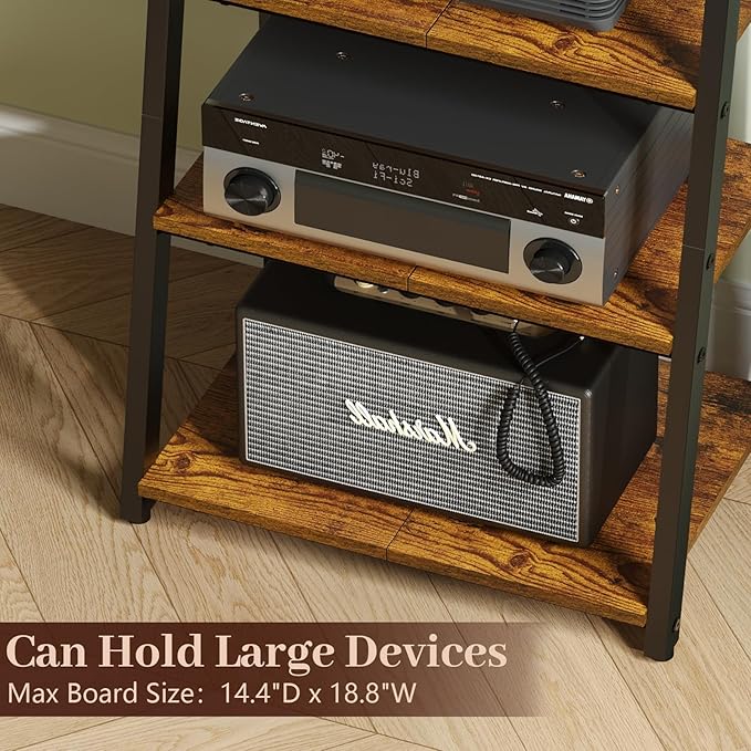 4-Tier AV Media Stand with 2 Hooks, Heavy Duty Stereo Cabinet Furniture-Large - Image 6