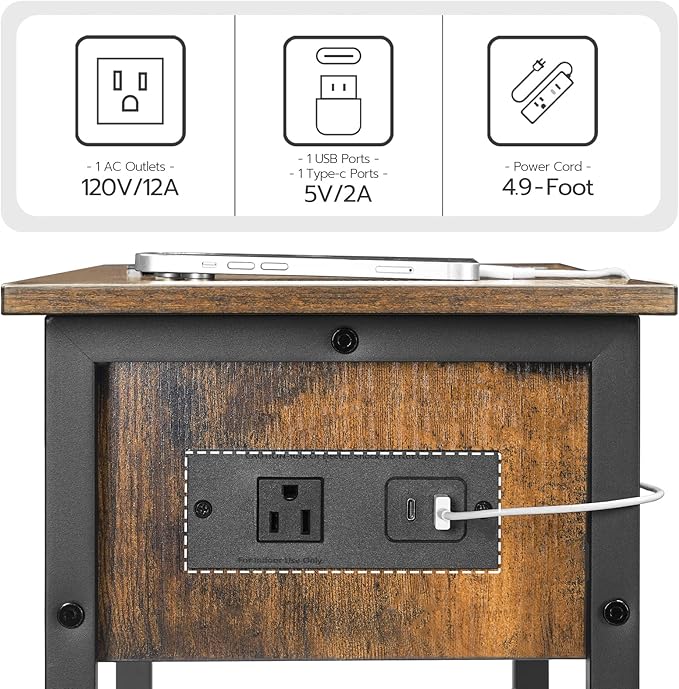 HOOBRO End Table with Charging Station, Flip Top Narrow Side Table with Storage - Image 9