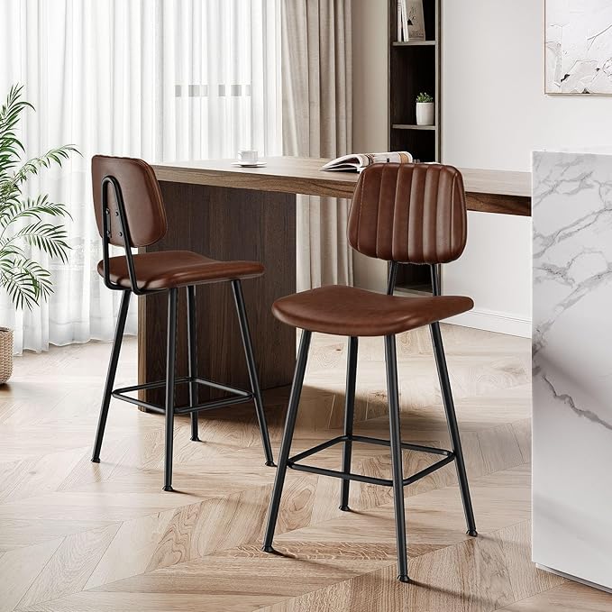 24-Inch Leather Bar Stools Set of 3, Counter Height Barstools - Image 6