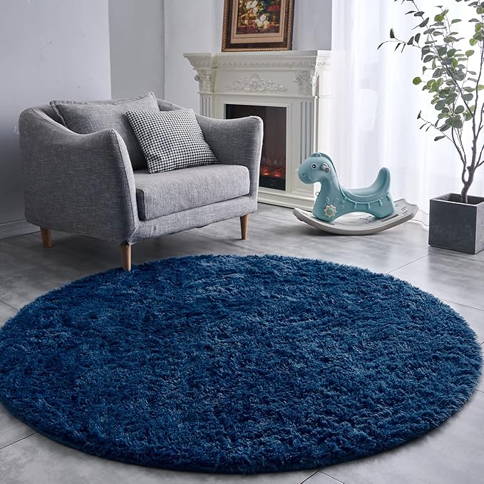 FJZFING Navy Blue Round Rug Ultra-Soft Plush Modern 5x5 Circle Area Rug by FJZFING