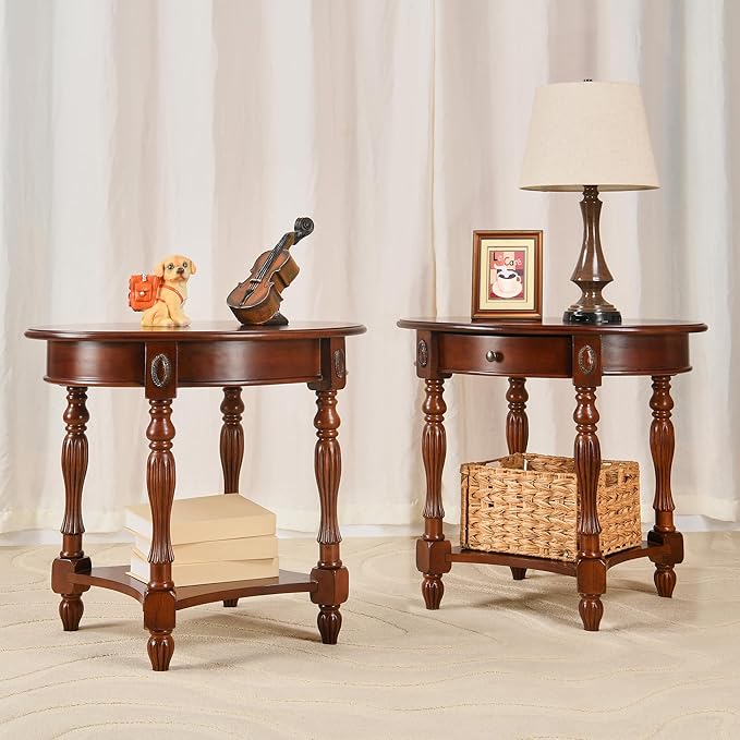 LEEMTORIG Oval Round End Table, 2-Tier Cherry Wood End Table Solid Wood Side - Image 2