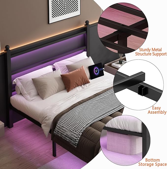 Queen Bed Frame with Headboard and Footboard, Steel Slats Support-LED Bed Frame - Image 7