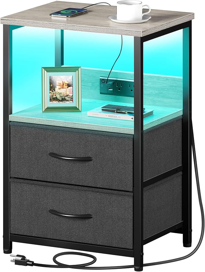Seventable Nightstand with Charging Station, Bedside Table with LED Lights by Seventable