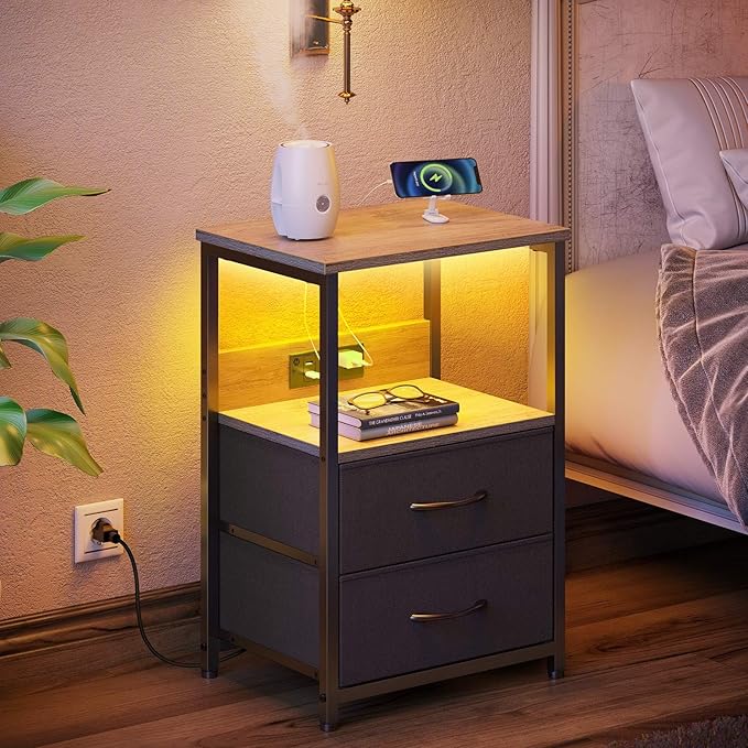 Seventable Nightstand with Charging Station, Bedside Table with LED Lights - Image 7