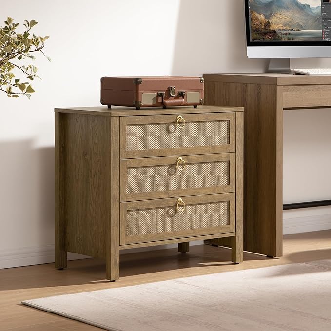 SICOTAS Night Stand with Drawers, Large Rattan Bedside Table with Golden Handle - Image 8
