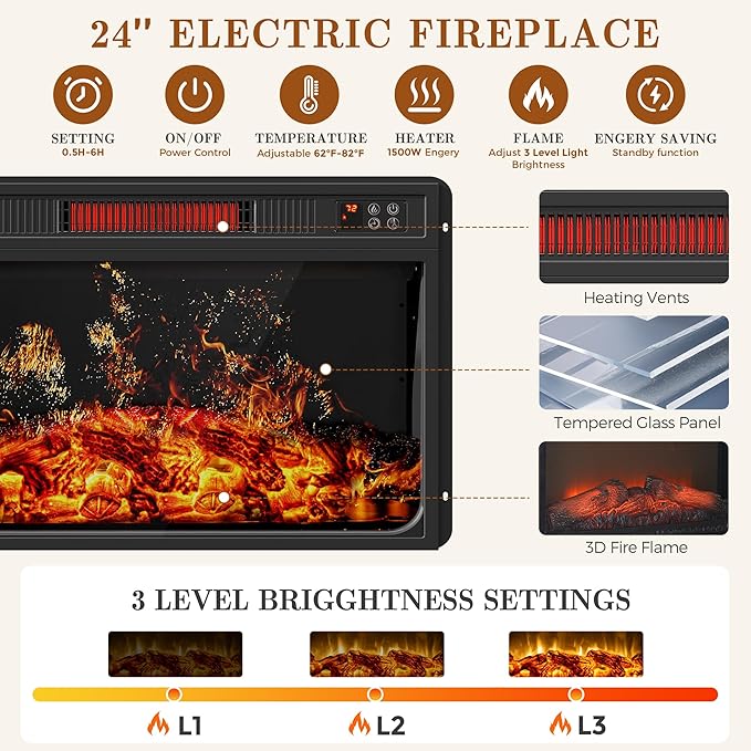 59'' Fireplace TV Stand with 3D Flame Electric Fireplace Heater, Entertainment - Image 4