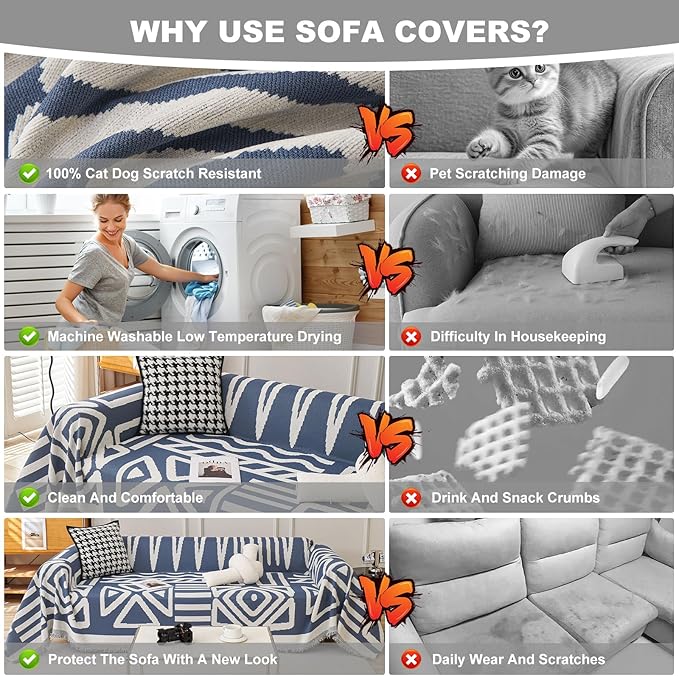 STACYPIK Modern Boho Couch Covers, Non Slip Blue Geometric Sofa Cover - Image 4
