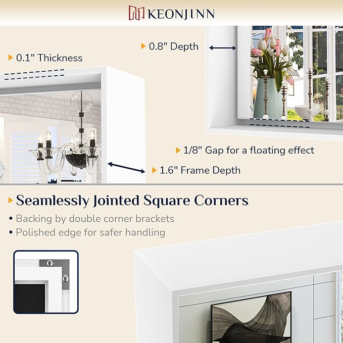 Keonjinn 48” x 36” White Bathroom Vanity Mirror Metal Framed Large Bathroom - Image 3